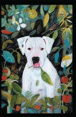 Artistic rendition of white dog surrounded by nature with leaf in mouth