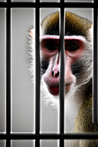 Portrait: Long-Tailed Macaque posed behind steel bars. 